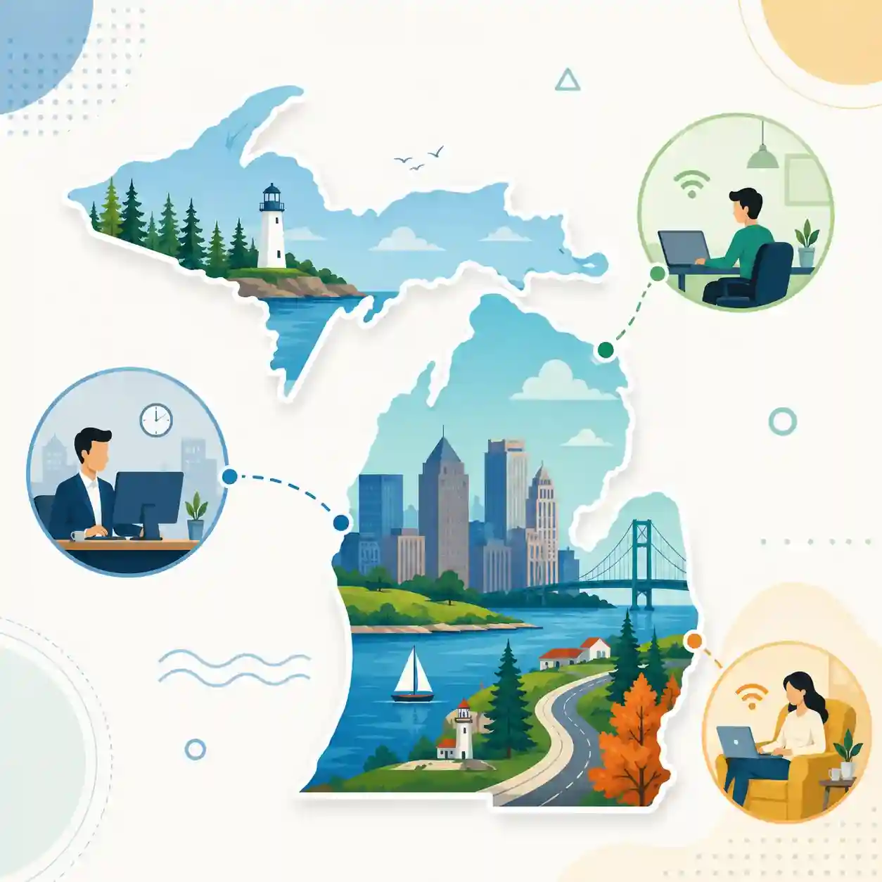 Michigan state map with icons for mobile, office, remote team and call center connected to a central phone pin